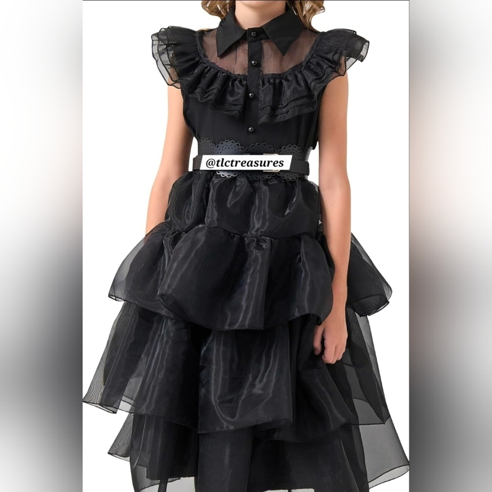 Girls Elegant Black Ruffled Wednesday Dress 12/14